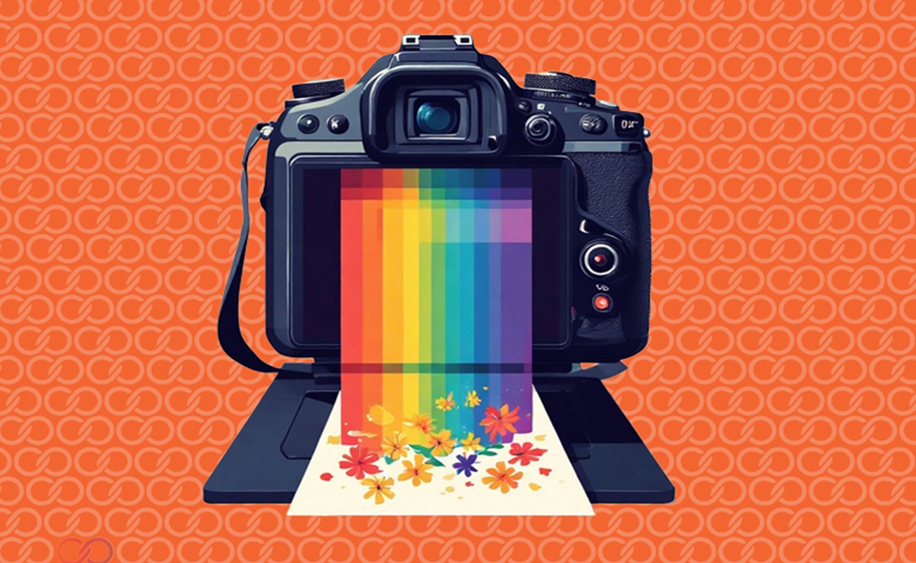 A digital camera printing a rainbow-colored image that transforms into vibrant flowers on paper, symbolizing how digital RGB artwork translates into CMYK print output.
