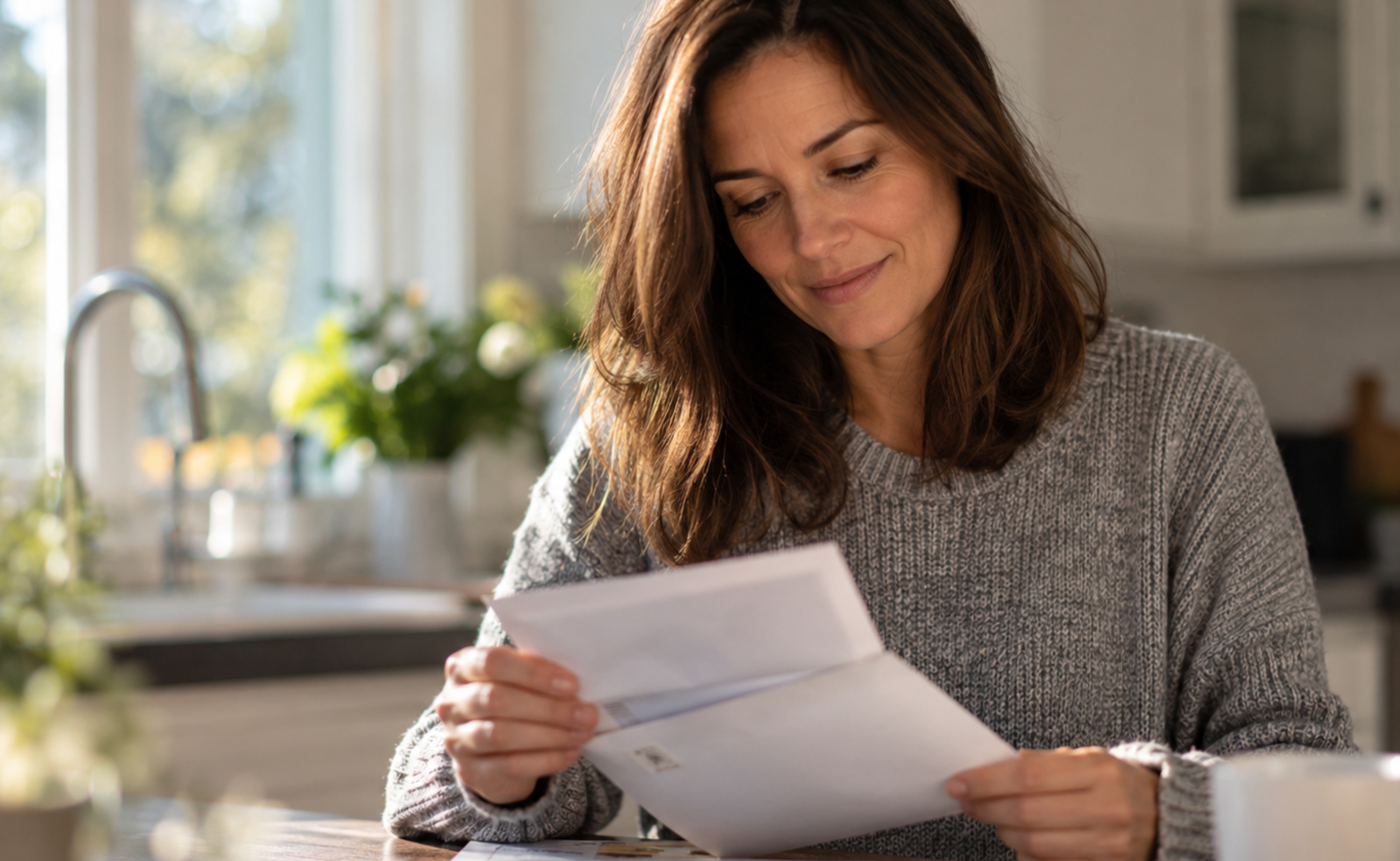 A woman opens and reads a piece of direct mail at her kitchen table, illustrating how useful, relevant physical marketing can earn attention and remain part of a customer’s everyday life.