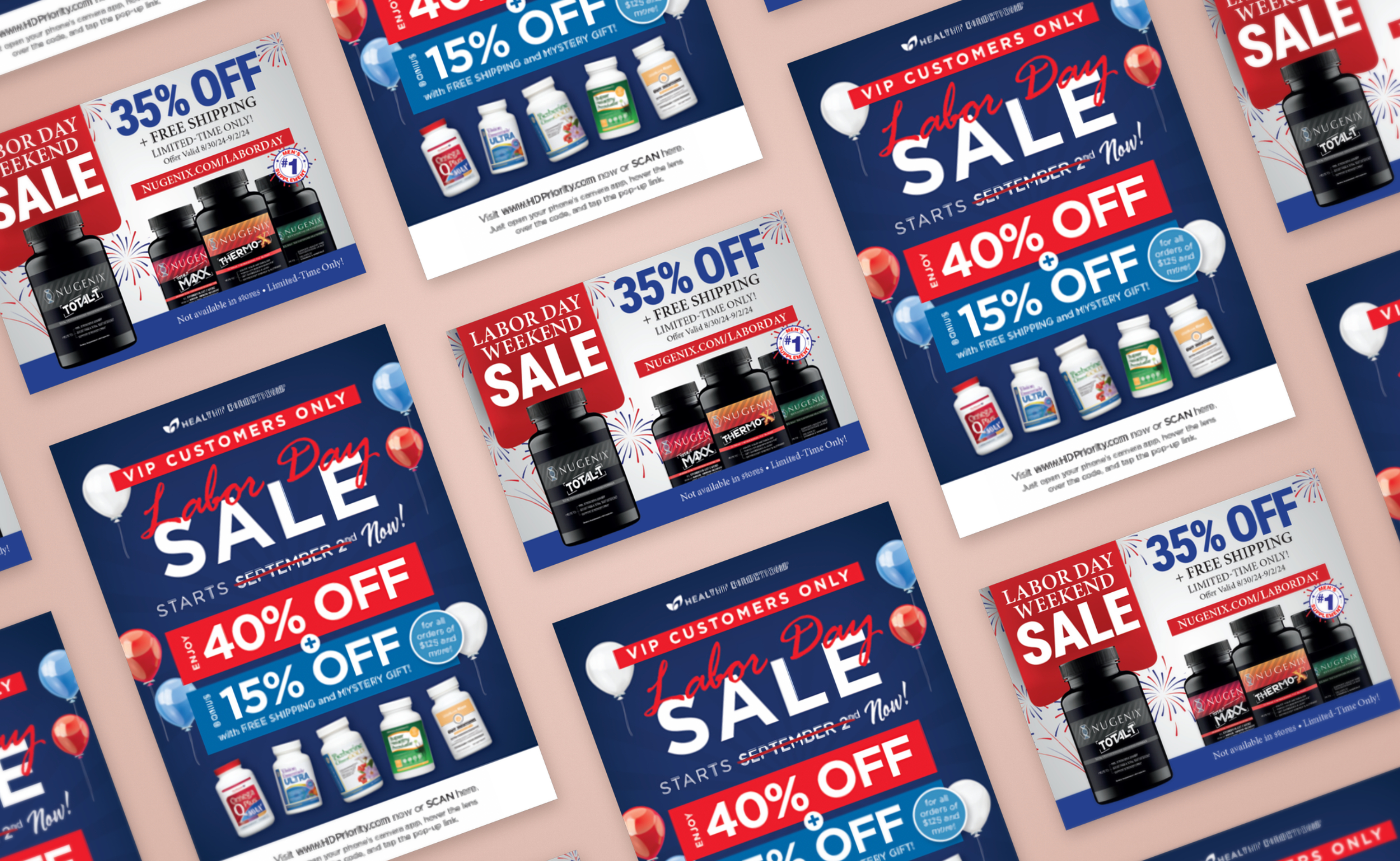 Angled grid of Healthy Directions and Nugenix Labor Day sale direct mail postcards on a pink background