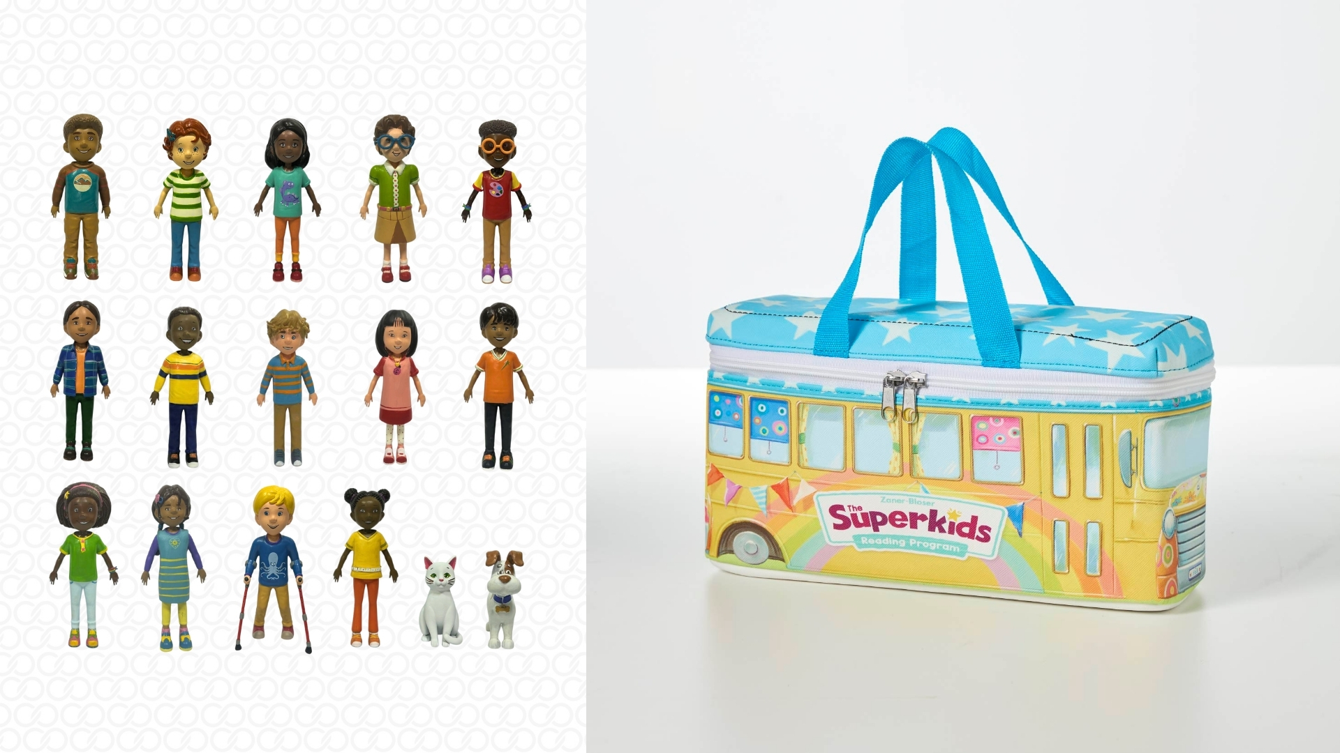 Custom-designed Superkids figurines and a colorful bus-shaped carrying case for Zaner-Bloser’s Superkids Reading Program. Created by Continuum, these custom educational curriculum kit components—including 3D-rendered characters and innovative packaging—enhance classroom learning while ensuring cost savings and supply chain efficiency.