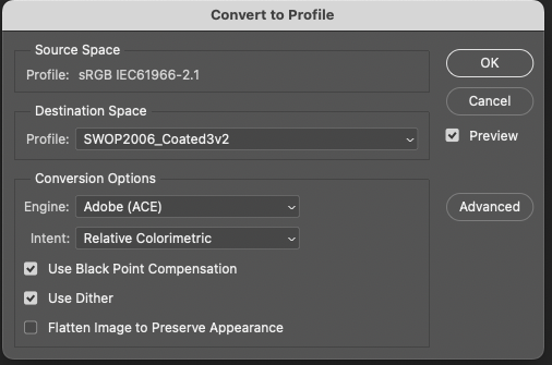 Screenshot of Adobe Photoshop’s “Convert to Profile” dialog box showing an image being converted from sRGB IEC61966-2.1 to SWOP2006_Coated3v2. The settings highlight how designers manage color profiles to maintain consistency when preparing digital artwork for print.