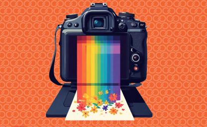 A digital camera printing a rainbow-colored image that transforms into vibrant flowers on paper, symbolizing how digital RGB artwork translates into CMYK print output.