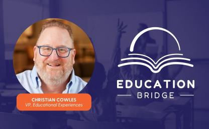Christian Cowles, Vice President of Educational Experiences at Continuum, featured alongside the Education Bridge logo, representing Continuum’s role in connecting K–12 content creation, production, and delivery for educational publishers.