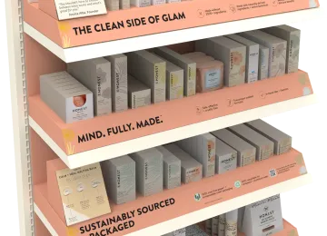 Honest retail display shelf stocked with skincare, beauty, and wellness products.